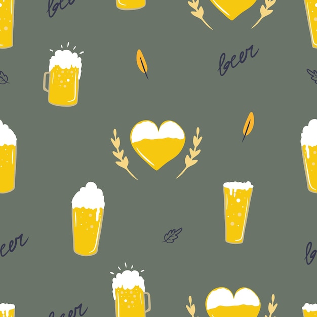 Seamless Oktoberfest Pattern with Beer Mug Light Wheat Beer Foam Bubbles Overflow