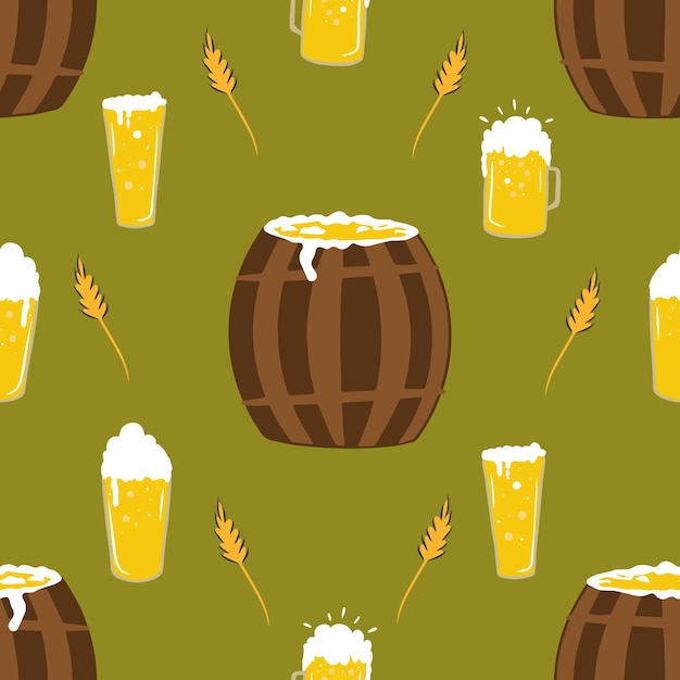 Seamless Oktoberfest Pattern with Beer Mug Light Wheat Beer Foam Bubbles Overflow