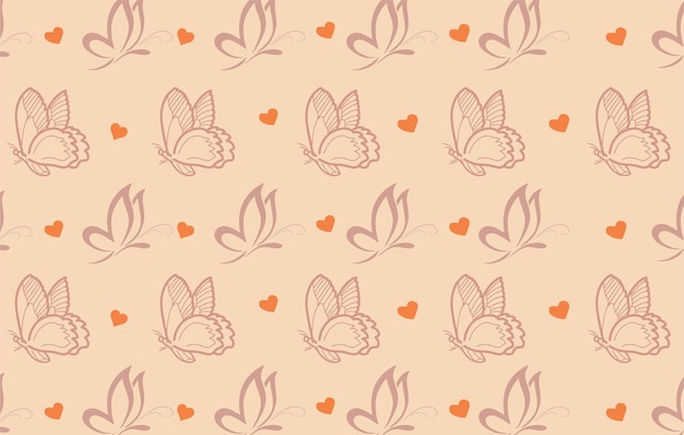 The seamless orange background with a combination of butterfly and love