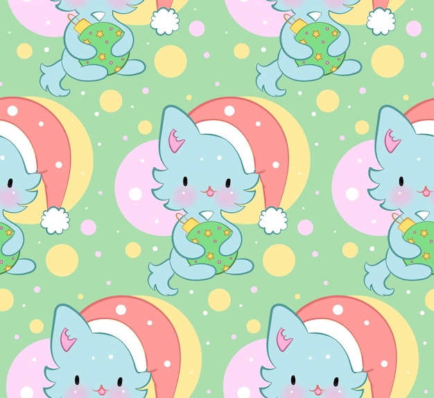 Seamless ornament with cute kittens in kawaii style vector pattern merry christmas cats