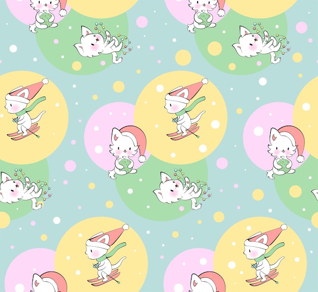 Seamless ornament with cute kittens in kawaii style vector pattern merry christmas cats