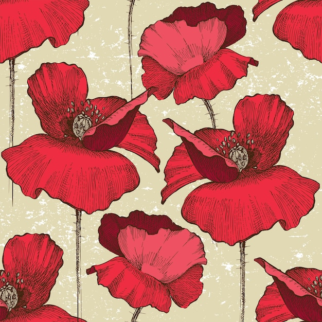 Seamless ornament with poppy flowers in retro style