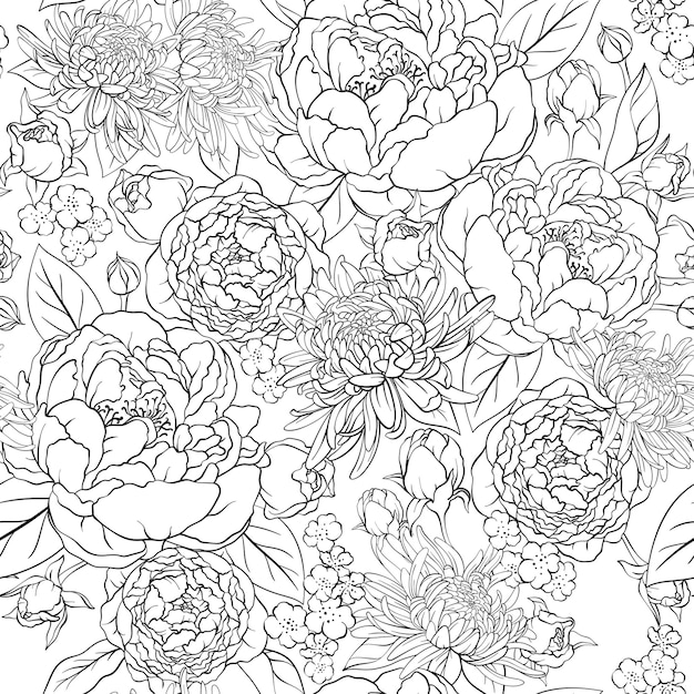 Seamless outline background with roses peonies asters