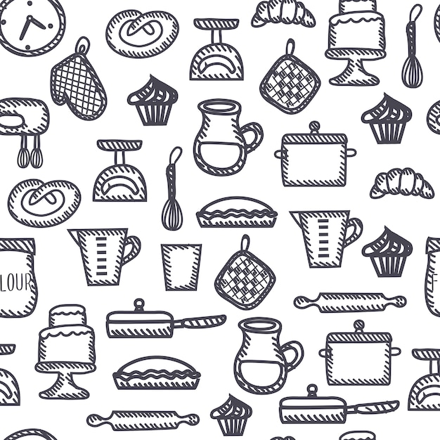 Seamless  outline black and white pattern of illustration of funny cooking tools and elements set