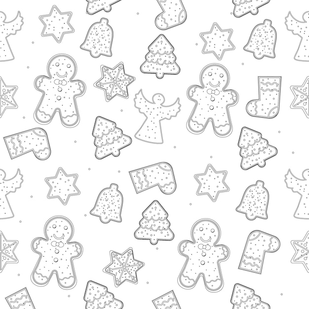 Seamless outline of a gingerbread Christmas pattern Vector illustration