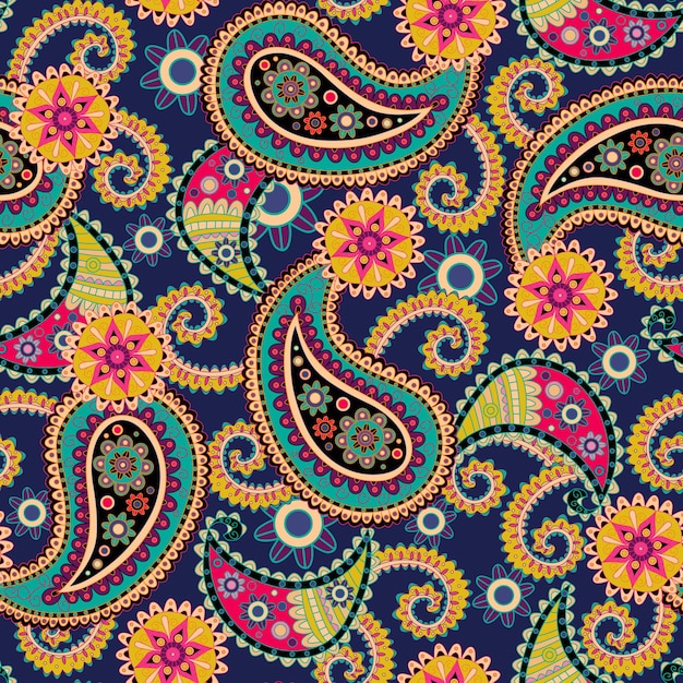 Seamless Paisley backgroundColorful flowers and leaves on blue