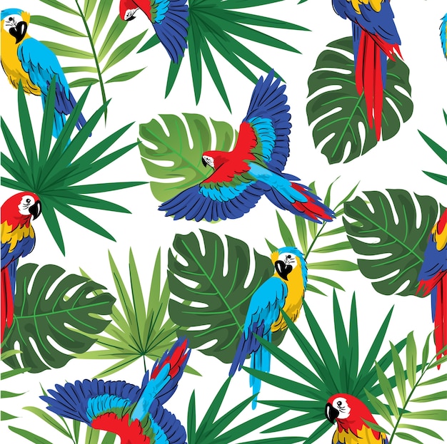 Vector seamless parrot in tropical forest pattern