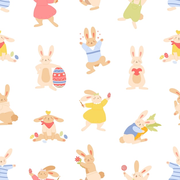 Seamless paschal pattern with cute bunnies rabbits and Easter eggs on white background Repeatable spring festive texture Endless design for printing Handdrawn colored flat vector illustration