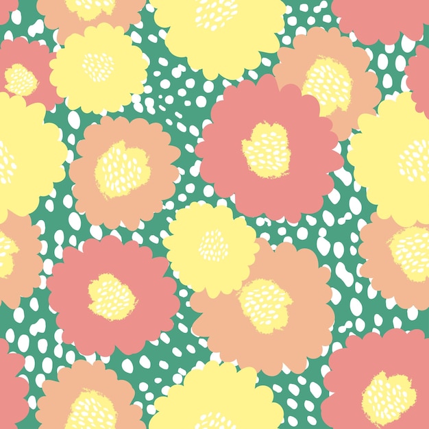 Seamless pastel hand drawn flowers and dots pattern background greeting card or fabric