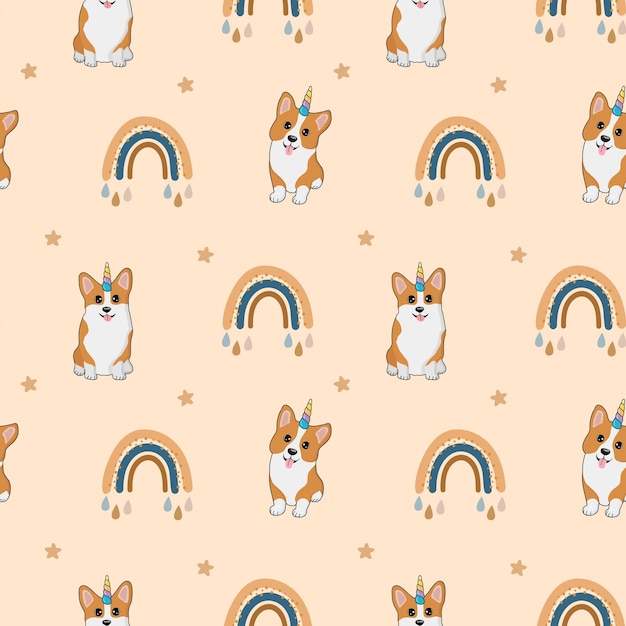 Seamless patten with corgi stars and rainbows Background for wrapping paper greeting cards design