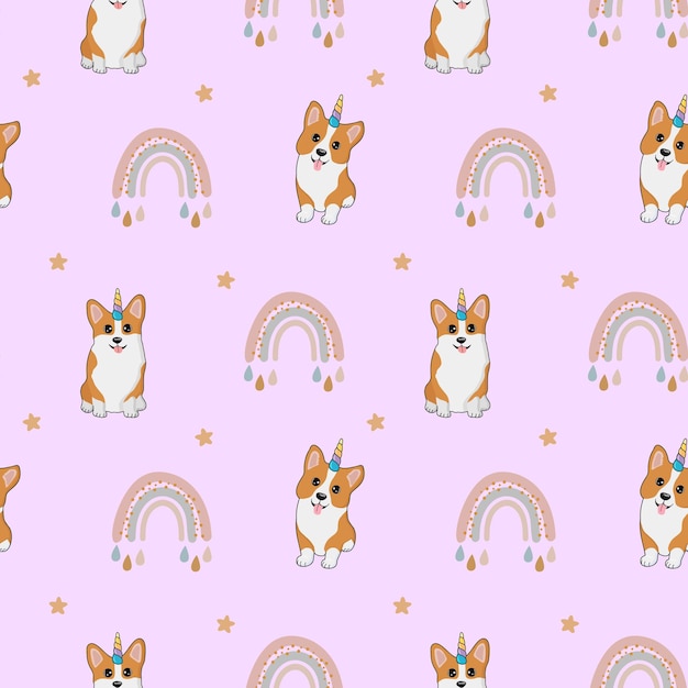 Seamless patten with corgi stars and rainbows Background for wrapping paper greeting cards design