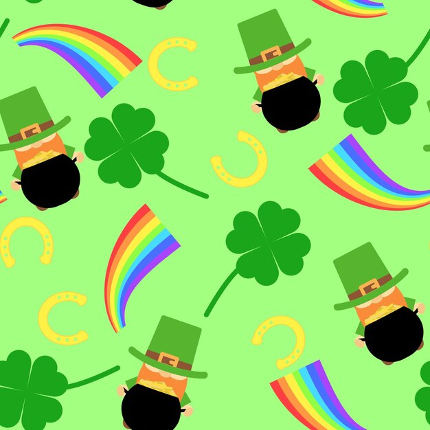 Seamless patter for Patrick's day. Pattern with leprechaun, cauldron, rainbow, horseshoe and shamroc