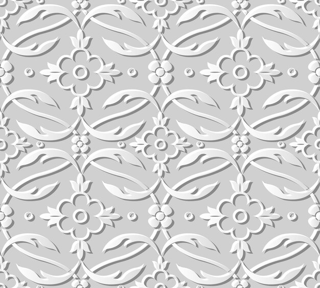 Seamless pattern 3D paper art garden flower curve cross leaf vine