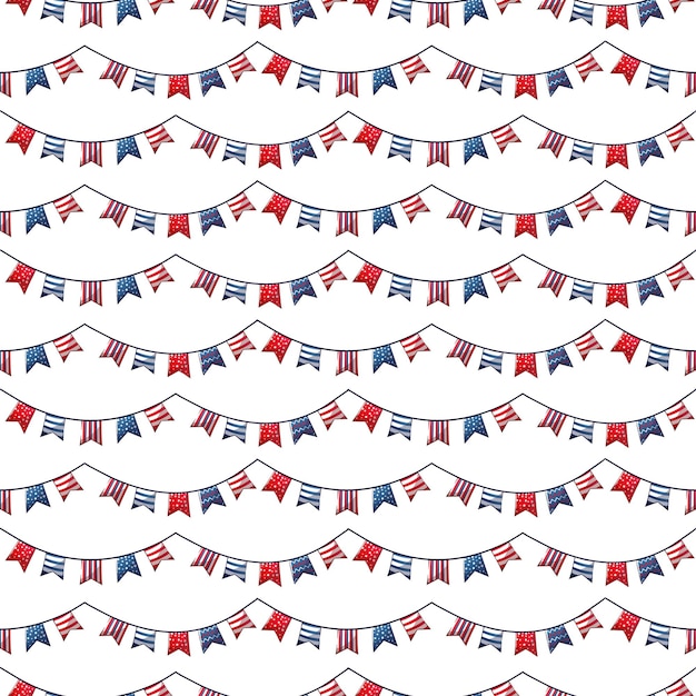 Seamless pattern for 4th of July US Independence Day with cartoon flags on a rope