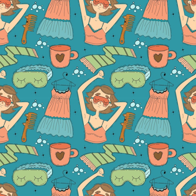 Seamless pattern about morning routine with a girl, dress, towel, sleep mask in cartoon style.