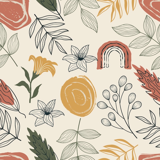 Seamless pattern of abstract botanical floral tropical flowers and leaves