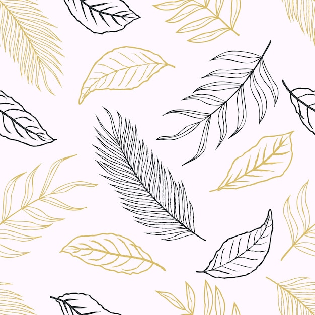 seamless pattern of abstract botanical tropical leaves line art sketch style