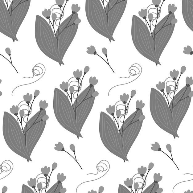 Seamless pattern of abstract bouquets of flowering twigs spathiphyllum leaves and curled branch