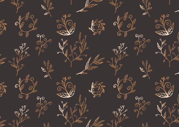 Seamless pattern abstract dark background with golden leaves and plants beautiful wallpaper