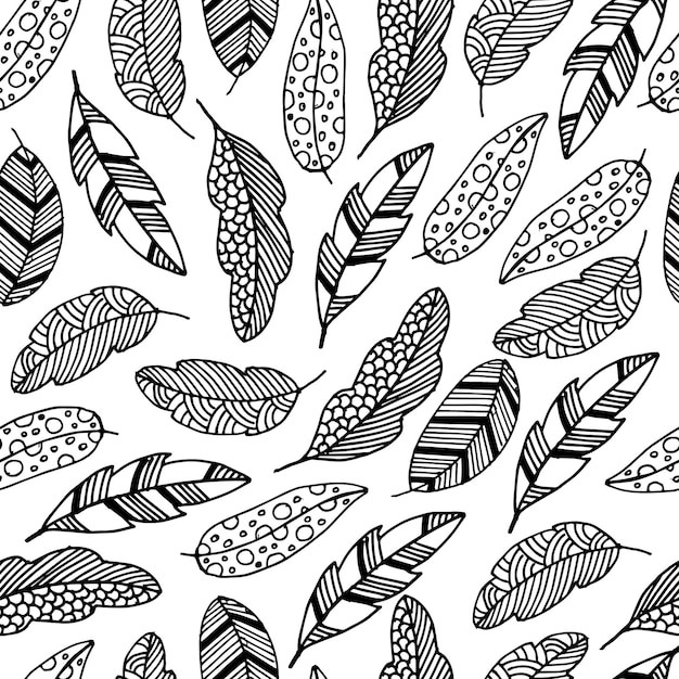 seamless pattern of abstract doodle leaves black contour on a white background