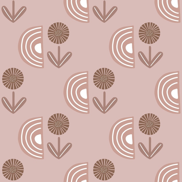 Seamless pattern abstract flowers on pink background. Minimalist textured of plants for textile design. Geometric template print for any purpose. Simple vector fabric ornament.