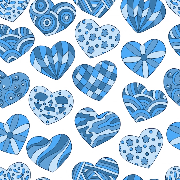 Seamless pattern of abstract hand-drawn blue hearts for Valentine's day