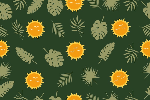 Seamless pattern of abstract leaves and the sun Vector drawing of tropical leaves Trendy botanical elements for your design Vector