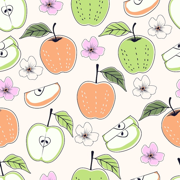 Seamless pattern of abstract tropical apple fruits with flowers and slices