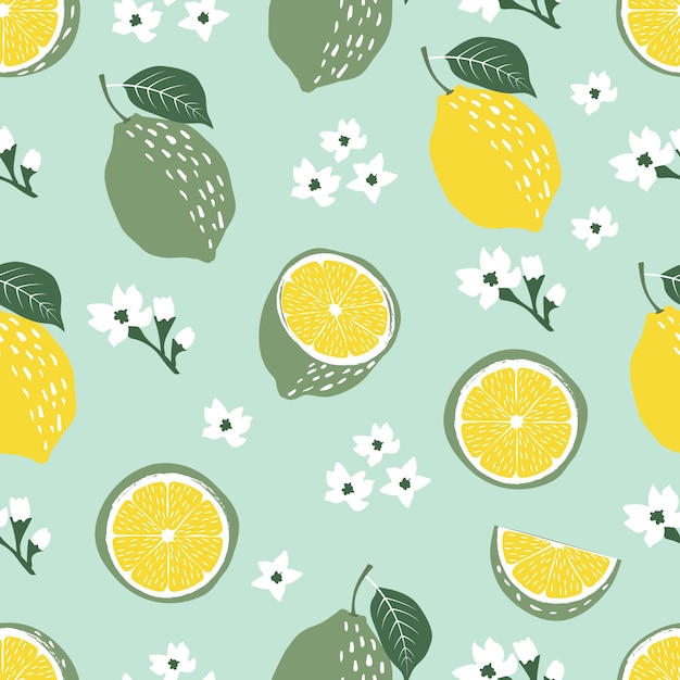 Seamless pattern of abstract tropical limes or lemons fruits with leaves and flowers