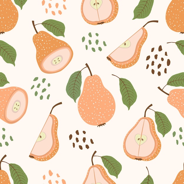 Seamless pattern of abstract tropical pear fruits with leaves and slices