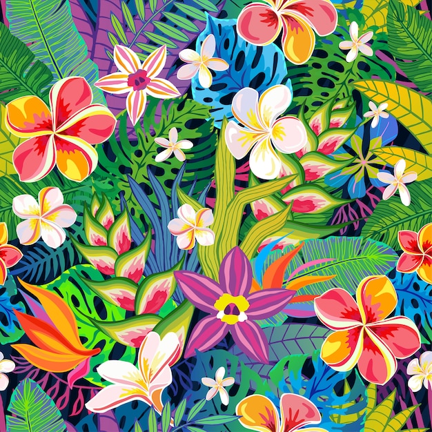 Seamless pattern abstract tropical plants, flowers, leaves.   design elements. Wildlife colorful floral jungle. Rainforest art background.   illustration