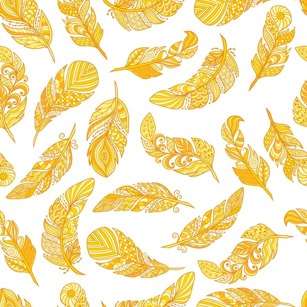 Seamless pattern of abstract yellow gold feathers