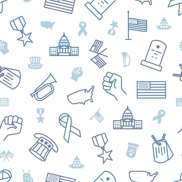 Seamless pattern of America themed blue icons on transparent background