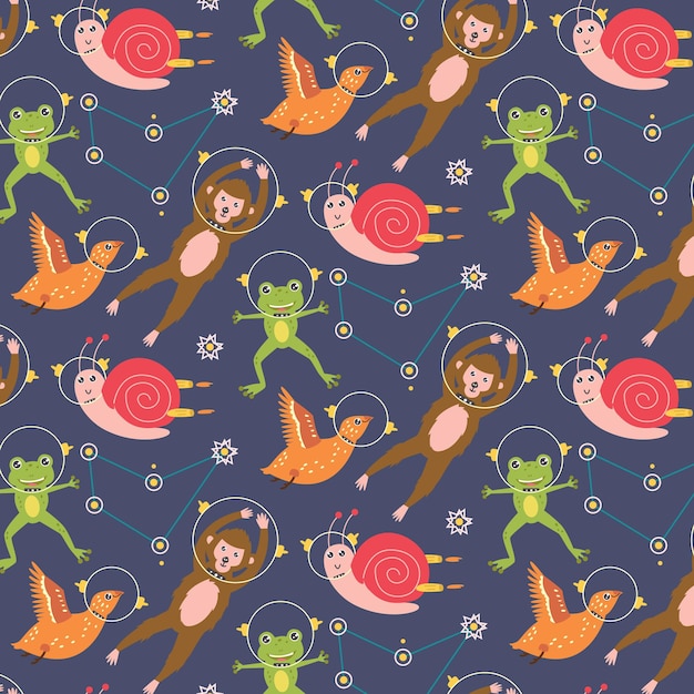 Seamless pattern animals astronauts snail frog monkey