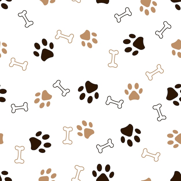 Seamless pattern of animals paws and bones Vector illustration on a white background