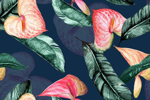 Seamless pattern of anthurium painted in watercolor for fabric and wallpaperTropical background