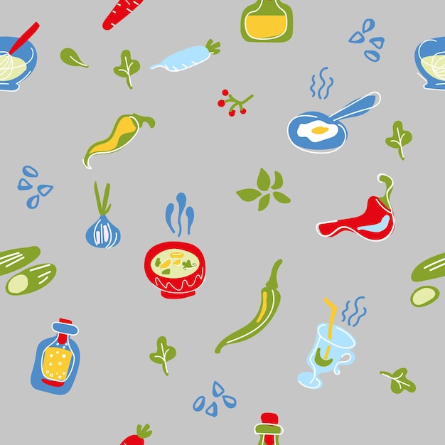 Seamless pattern appetizing food soup bowl scrambled eggs vegetables drinks Flat modern illustration