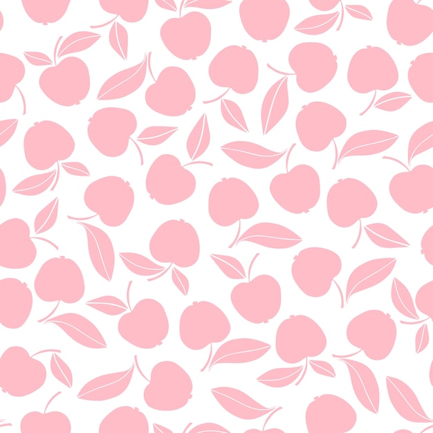 Seamless pattern: apples with leaves, pink on a white background.