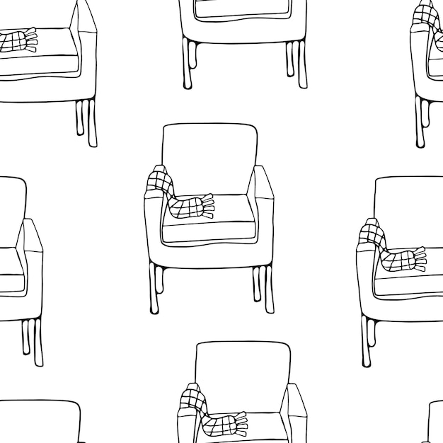 Seamless pattern Armchair with a plaid in doodle style on a transparent background. Vector illustrat