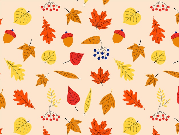 Seamless pattern of autumn leaves, branches and berries. Fall background