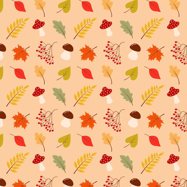 Seamless pattern of autumn leaves, mushrooms and rowan. Vector illustration.