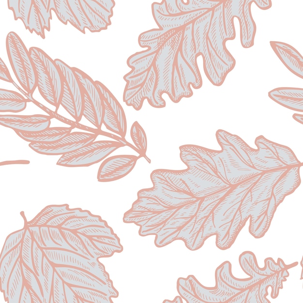 Seamless pattern autumn leaves Oak and ashberry leaves background Repeated engraving design texture for printing fabric wrapping paper fashion interior wallpaper tissue Vector illustration