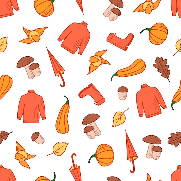 Seamless pattern of autumn set of items, vector wallpaper doodle style fall mood.