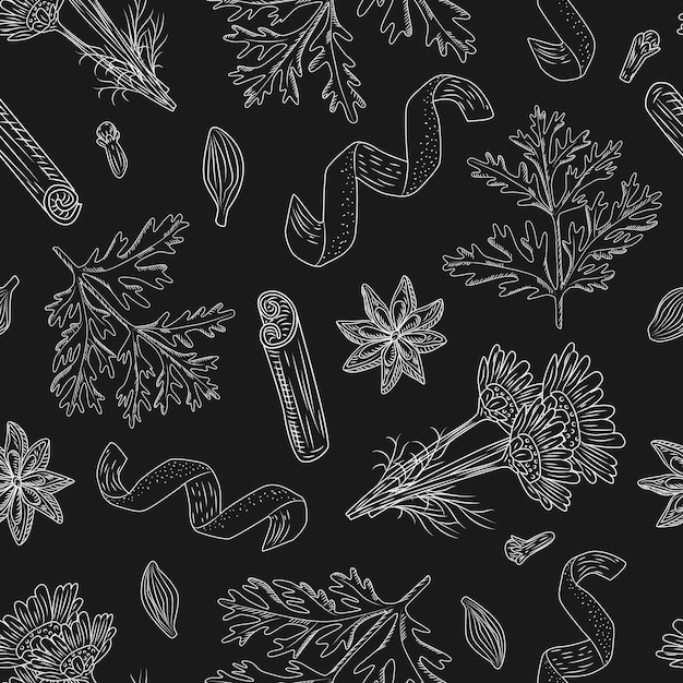 Seamless pattern autumn tea on black background. Beautiful texture herbal for packaging design tea. Repeated template chalk engraving style.Vector illustration.