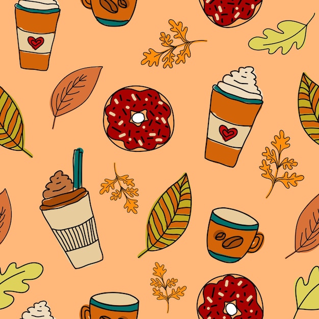 Seamless pattern Autumn yellow leaves and pie with a cup of coffee on background