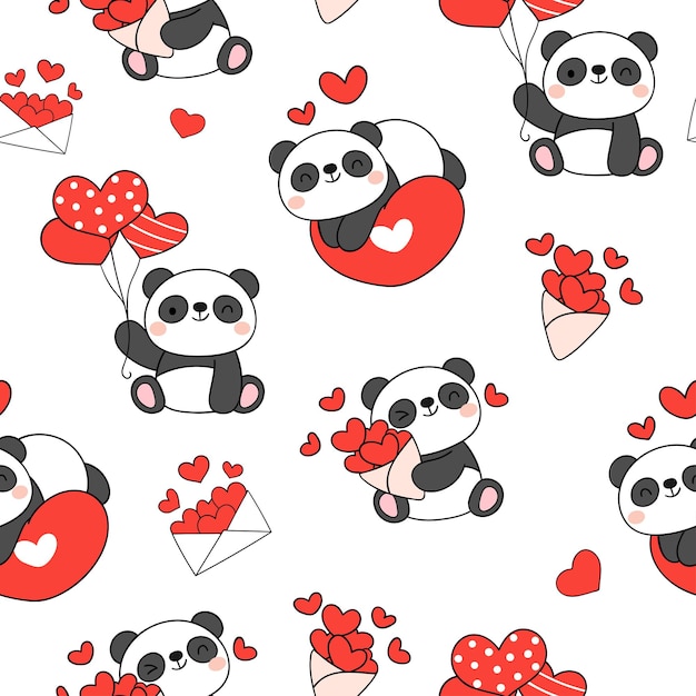 Seamless pattern baby panda valentines with heart Love concept