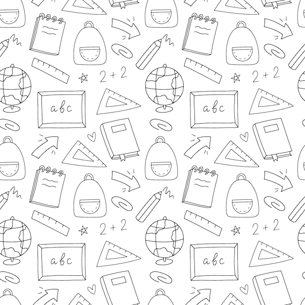 Seamless pattern back to school school supplies line art