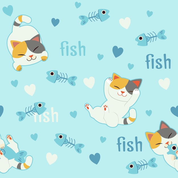 The seamless pattern background for character of cute cat in love with fishbone.