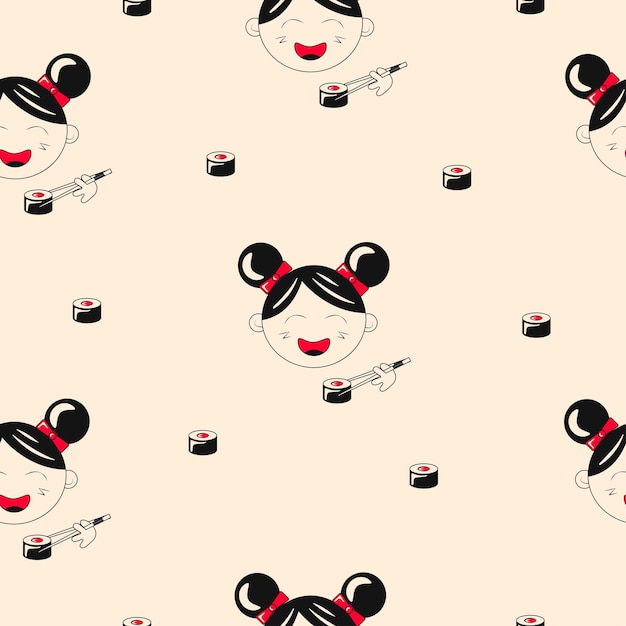 Seamless Pattern Background Cute Asian Girl Eating Sushi Cartoon Character Asian Food