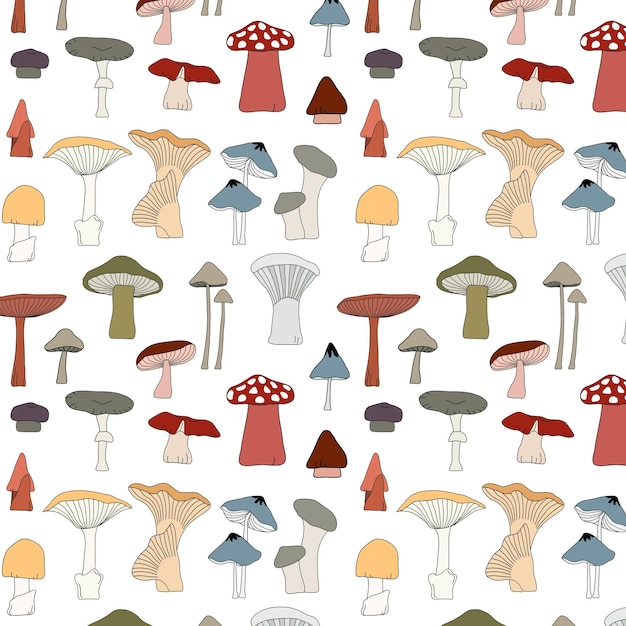 Seamless pattern background of hand drawn mushroom plant in doodle art style on white background